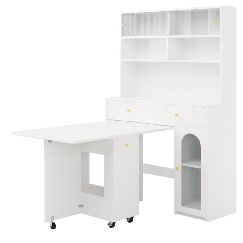 Set di mobili da cucina con tavolo da pranzo pieghevole, con vano portaoggetti, tavolo da bar su ruote, MDF bianco, 120 x 45 x 180 cm, per piccola cucina