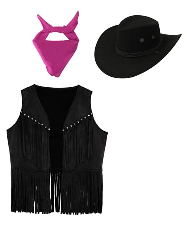 Kids Fringe Vest Sleeveless Cowboy Cowgirl Western Tassel Rivet Cardigan Cowboy Hat Bandanna3