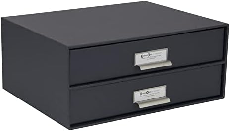 Bigso Box of Sweden Drawer Storage Box for Documents and Office Supplies - 2-Drawer Desk Organiser - Fibreboard and Paper Filing System with Elegant Leather Handle - Grey