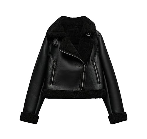 Veste de moto d'hiver femme similicuir noir blouson chaud à manches longues et zip FULBHPRINT