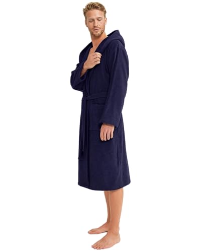 Twinzen Bademantel Herren 100% Baumwolle - Weich, Saugfähig, Aus Frottee, Oeko-Tex Zertifiziert - Dunkelblau, Größe L