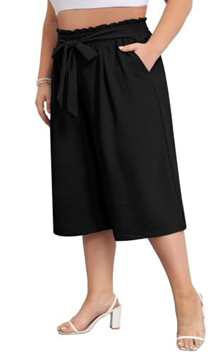 Lastshe Women's Plus Size Cropped Wide-Leg Pants Lightweight High Waisted Adjustable Tie Knot Casual Trousers Pants3