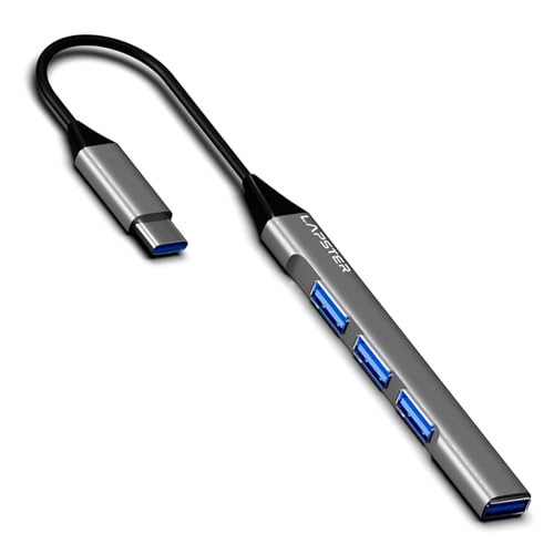 Image of Lapster USB C Hub (4-in-1), Type C Multiport Adapter with 1 x USB 3.0 & 3 x USB 2.0 Ports, up to 5 Gbps High Speed Data Transfer for Laptop, MacBook, PC (Grey)