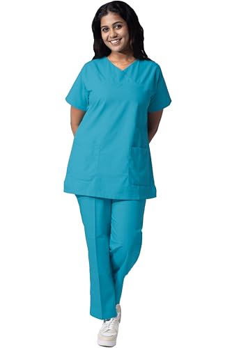 Image of Uniform Craft Women's 4 Pocket Scrub Suit Set | Medical Uniform | Cross V-Neck Poly Cotton | Short Sleeve Hospital Wear | Ideal for Doctors & Nurses (Light Teal, XL)
