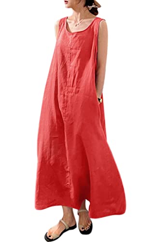 VEVESMUNDO Sommerkleid Damen Baumwolle Ärmelloses Casual Lockere Lässige Lang Kleider Strandkleid Leinenkleid Blusenkleid Freizeitkleid mit Taschen...
