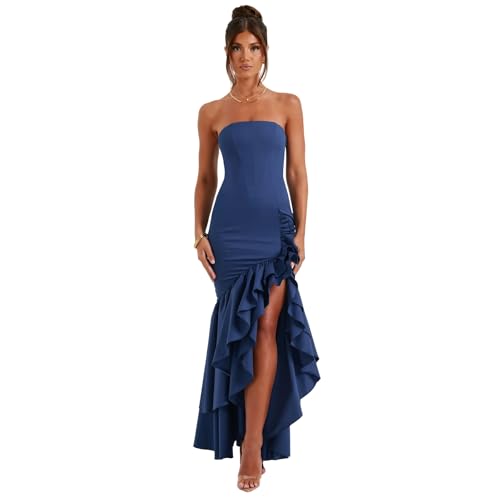 Image of Women's Sexy Strapless Backless High Split Long Maxi Dress Ruched Off Shoulder Sleeveless Bodycon Party Cocktail Dresses