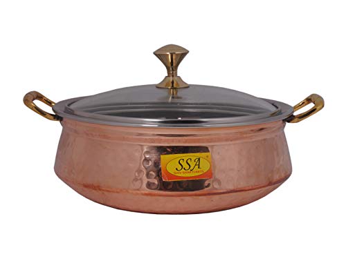 SHIV SHAKTI ARTS Hammered Steel Copper Handi Bowl, with Lid & Handle Serving Indian Dishes Tableware(Brown, 1000 ml)