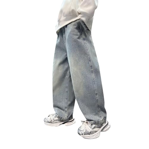 Boys Basic Jeans Elastic Waist Baggy Wide Leg Streetwear Teens Kids Relaxed Fit Denim Pants with