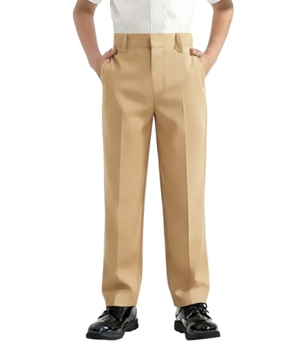 Image of QBK Boys Flat Front Dress Pants Uniform Pants Adjustable Waistband for Toddler to Youth with Pockets