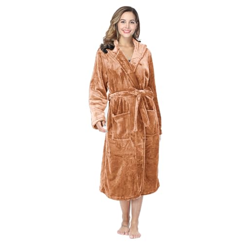 Image of RONGTAI Womens Robes Plush Fleece Hooded Bathrobe Thick Nightgown with Pockets Fluffy Sleepwear