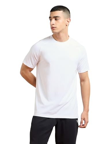 Image of TECHNOSPORT Men's Solid T-Shirt COTFLEX Quick Dry Slim Fit Round Neck Sports Tee for Gym Running Casual Wear UPF50+ Anti Odour