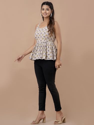 Image of feranoid Women Cotton Printed Sleeveless Strap Peplum Top