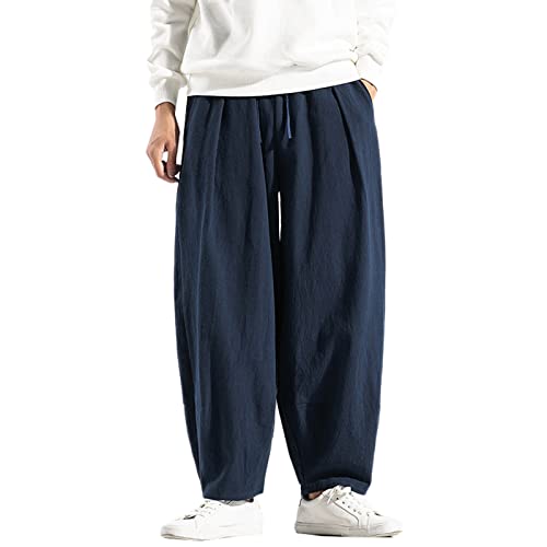 JXGSGOGO Calça masculina de linho solta com cordão elástico na cintura para ioga, Azul, Large