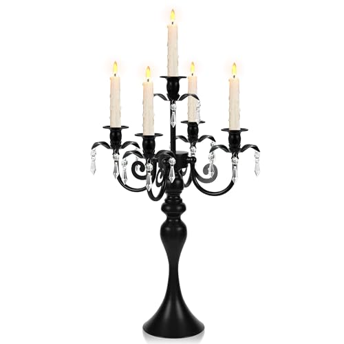 20''Tall Black Crystal Pendant Taper Candle Holders/Stylish Candle Stands/Candlesticks Holder/Candelabra for Home Decor, Weddings/Parties/Elegant Dining Table Centerpiece (1, Black, 5 Arm)