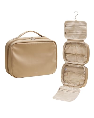 EACHY Toiletry Bag with Hanging Hook, Travel Makeup Bag PU Leather Cosmetic Bags for Women Make Up Organizer with 4 Compartments Waterproof Full-Size Portable Travel Essentials (Beige)