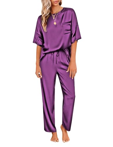 Ekouaer Silk Pajama Shirt And Pant Set Purple Silk Satin Pajamas Pijamas De Mujer Pj Sets Short Sleeve Tops And Pj Pant Set Sleepwear Purple M