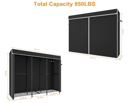 ULIFHOME E14C Heavy Duty Closet Organizer System,Freestanding Clothing Racks for Hanging Clothes,Adjustable Garment Rack 70.1\" W × 16.6\" D × 76.4\" H Hold 960 lbs,Black Rack with Black Dustproof Cover