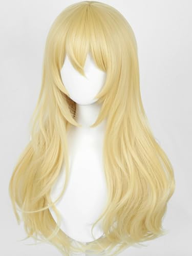 Image of Half and Half Long Curly Blonde Anime Cosplay Wig with Bangs for Women Light Golden Wave Wigs Synthetic Hair for Halloween Party Costumes