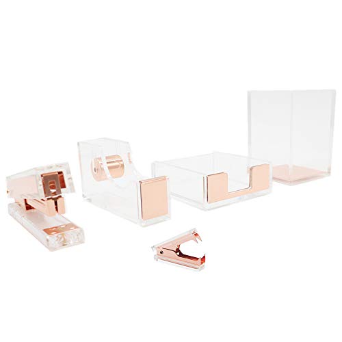 Clear Acrylic Rose Gold Stationery Set Desktop Stapler, Tape Dispenser, Pen Pencil Holder, Memo Notes Holders, Staples Remover Dress Up Home Office School Desk Accessories Supplies Kit (Rose Gold)