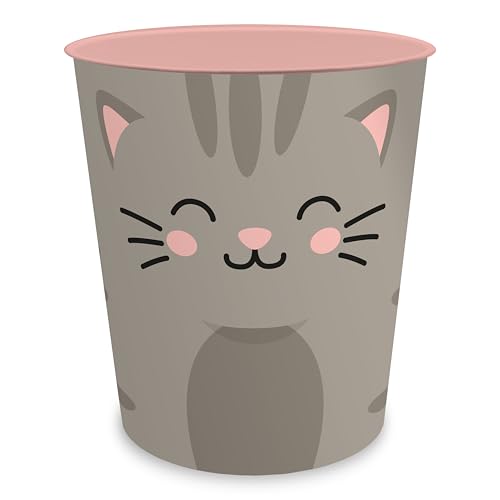 itenga Papierkorb für Kinder mit Tier Motiv - Kawaii Design - rund ca. 11 Liter - Mülleimer fürs Kinderzimmer - stabiler Kunststoff (Katze)