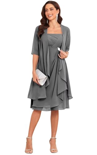 TORYEMY Grey Half Sleeve Mother of The Bride Dresses with Jacket for Wedding Short Chiffon 2 Pieces Mother Groom Dresses Size 10