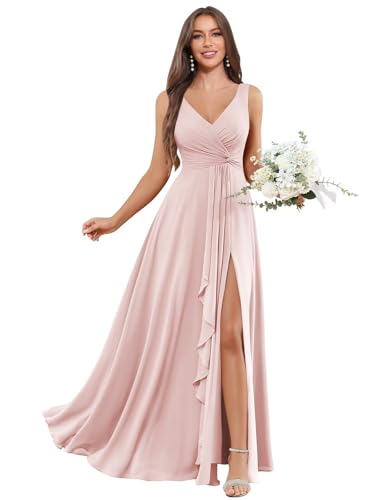 Image of BOLENSYE Bridesmaid Dresses Long Ruched Ruffles Chiffon A Line Evening Party Gown with Pockets Slit