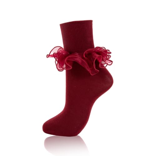 Image of Women Big Ruffle Socks Adult Lace Frilly Turn Cuff Dress Socks | 1 Pair Womens Cute Cotton Large Ruffled Ankle Socks for Ladies Big Girls Fancy Vintage 50s 80s Church Party Bobby Crew Socks