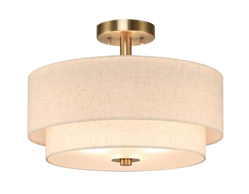 XiNBEi Lighting 16inch Semi Flush Mount Ceiling Light, 3-Light Brass Double Drum Light Fixture with Linen Shade Close to Ceiling Lamp for Bedroom Living Room Kitchen XB-SF1289-BS