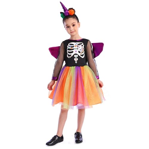 Sincere Party Unicorn Skeleton Witch Costume,Unicorn Dress Skeleton Tutu Fancy Dress Halloween Witch Costume for girls 5-6years