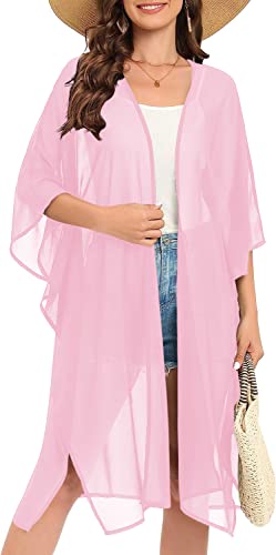 Image of Indian Trendy Women's Solid Puff Sleeve Kimono Long Cardigan Loose Cover Up Casual Blouse Top Chiffon