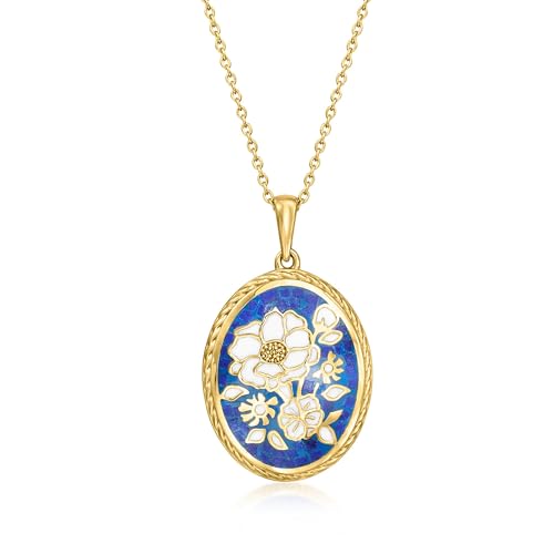 Ross-Simons Lapis and Multicolored Enamel Flower Pendant Necklace in 18kt Gold Over Sterling. 18 inches