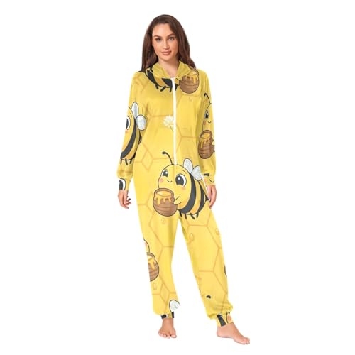 RPLIFE Cute Cartoon Bees Yellow Adult Onesie Pajamas, Soft Plush One Piece Jumpsuit for Christmas, Cozy Hooded Loungewear, Cute Cartoon Bees Yellow, XL