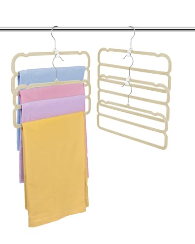 Image of 10 Pack Velvet Pants Hangers Space Saving, Non Slip 2-Layer Hanger (Beige) | Heavy Duty Flocked Trouser Hangers,pants organizer for closet with Swivel Hook, Felt Jean Hangers for Women and Men