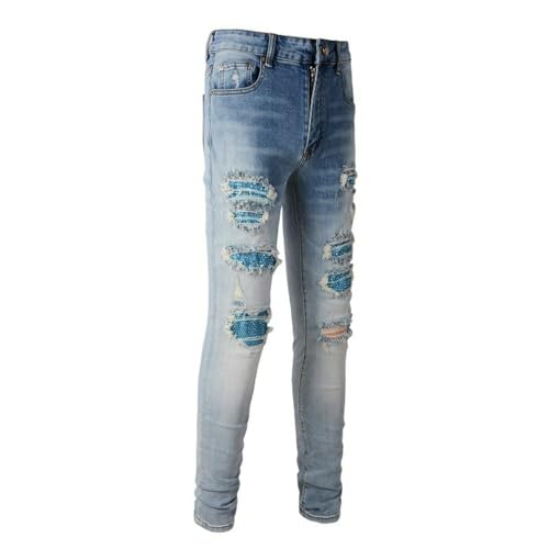 Jeans Pants Trousers Denim Men Trendy Personalized Stretch Slim Fit Washed Blue Grinding Fading Zircon Shining Patches Worn Hole Casual(Blue,31)3