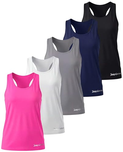 Juicy Couture 5 Pack: Womens Dry Fit Racerback Tank Tops Workout Athletic Sleeveless Gym Running Sports Active Tees Moisture Wicking- Set 6 S