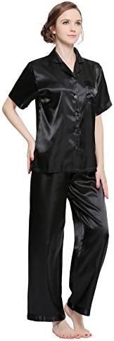 Sunrise Women's Short Sleeve Classtic Satin Pajama Set (X-Large, Solid Black)