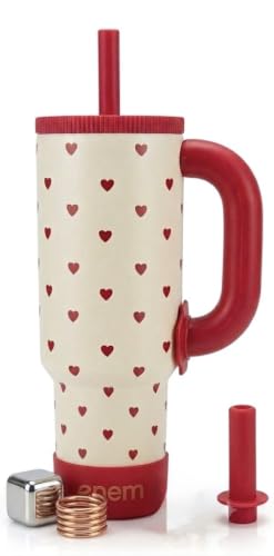 Image of enem Cupid Cream Plugged Straw Tumbler with Handle, Stainless Steel Large Travel Mug Water Cup, Mug Travel with 1 Metal Ice Cube, 1 Copper Spring (Tamba) & Base Protector, 1.2L