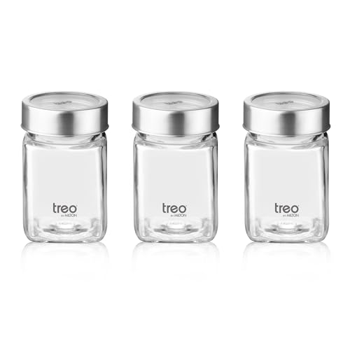 Image of Treo by Milton Cube Storage Containers, Set of 3, Glass Jar with Air Tight Steel Lid, 310 ml each, Transparent Jars for Snacks, Pulses, Masala, Pickles, Cereals, Cookies, Dry Food