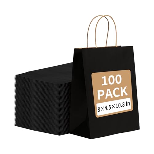 Image of Black Kraft Paper Bags 100 Pack 8x4.5x10.8 in with Handles | Recycled Kraft Paper, Reinforced Handles, for Boutique, Wedding, Retail, Small Business, Gift Giving, Eco-Friendly