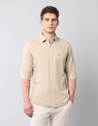 Image of U.S. Polo ASSN. Solid Slim Fit Shirts for Men - 100% Cotton, Full Sleeve Mens Casual Shirts