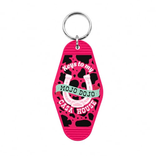 Keys to My Mojo Dojo Casa House Retro Motel Style Keychain Bag Tag Pink Cow Print