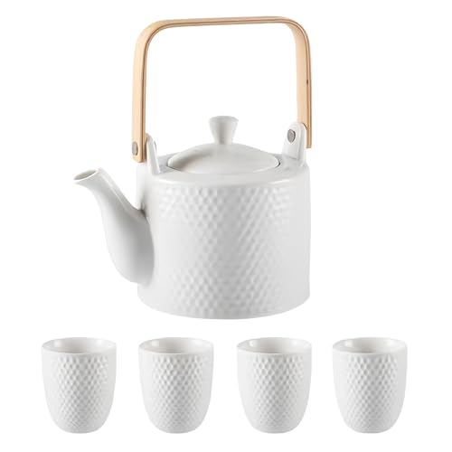 KOPYFANTAP Juego de Tetera y Tazas,Tetera y 4 Tazas de Cerámica,Juego de té Moderno con Diseño Estampado en Relieve Perfecto para Los Amantes del Té y las Familiares,Blanco,900ml