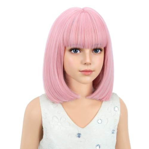 Image of PATTNIUM Light Pink Bob Wig for Girls Short Bob Wig with Bangs Synthetic Heat Resistant Wig with Wig Cap