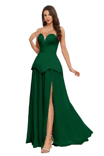 KEYNER Strapless Satin Prom Dress with Slit A Line Backless Formal Evening Gown Sweetheart Flowy Chiffon Bridesmaid Dresses