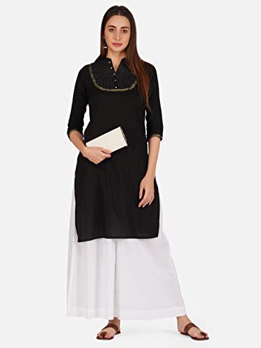Image of fabcoast Loose Fit Palazzo Pants for Women A-Line Flared Wide Leg Summer Ethnic wear Pure Cotton Cambric with Full Elastic Waistband and 2 Side Pockets