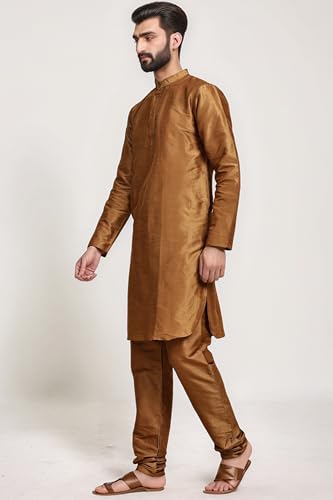 Image of SKAVIJ Men's Art Silk Solid Kurta Pyjama Set Festive Woven Design 2-Piece Ethnic Dress (KP055brown Brown M)