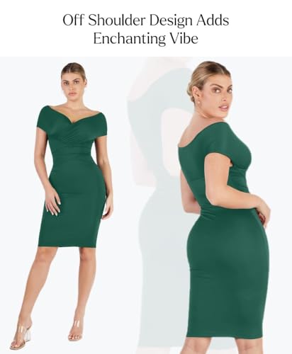 Image of Popilush Women's Shapewear Midi Dress Off Shoulder Wrap V Neck Formal Wedding Guest Cocktail Dresses Bodycon Evening Gowns