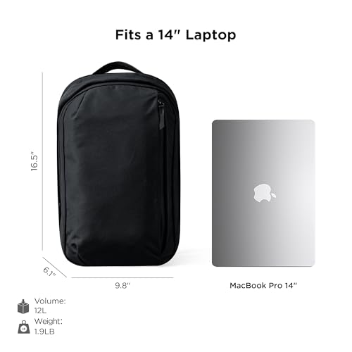 ALPAKA Metro Backpack -12L Fits a Thin 14" Laptop Small Backpack, Soft Touch Fleece Lined Laptop Sleeve, Wide Opening Main Zippered Compartment, Weather Resistant Fabric. Black Axoflux 300D