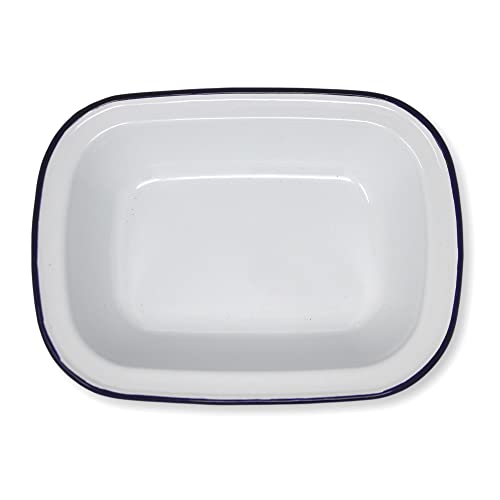White Enamel Blue Rim Oval Pudding Pie Oven Tin Dish 20CM