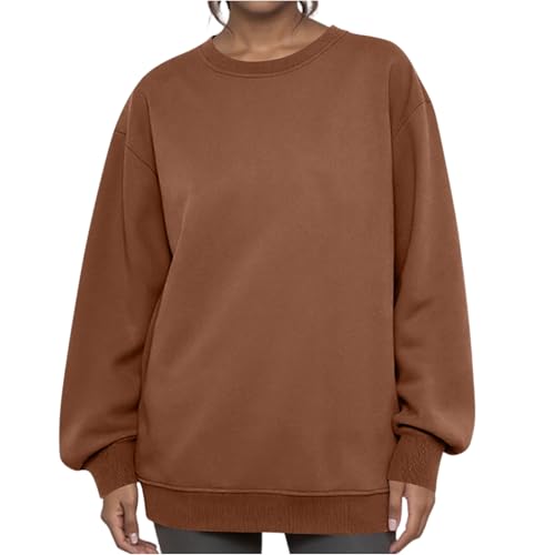 Sweatshirts for Women UK, Womens Solid Color Long Sleeve Crew Neck Sweater Pullover Tops Trendy Comfortable Sweatshirt Jumpers 21st Birthday Gifts for Her,Brown,S,u15a
